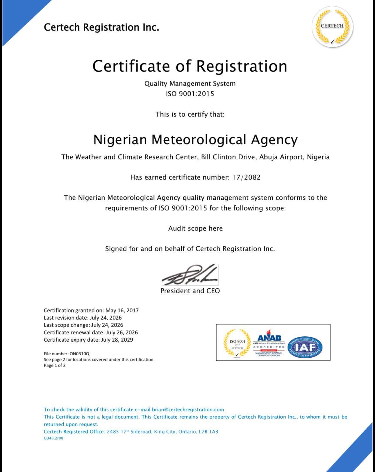 Featured image for “NiMet Achieves ISO 9001:2015 Certification For Aeronautical Meteorological Services At Yola, Osubi And Owerri Airports”